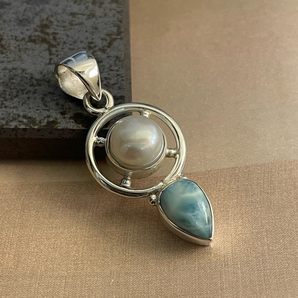 925 sterling silver natural Larimar with fresh water Pearl  pendant “B O H O” - Picture 5 of 9